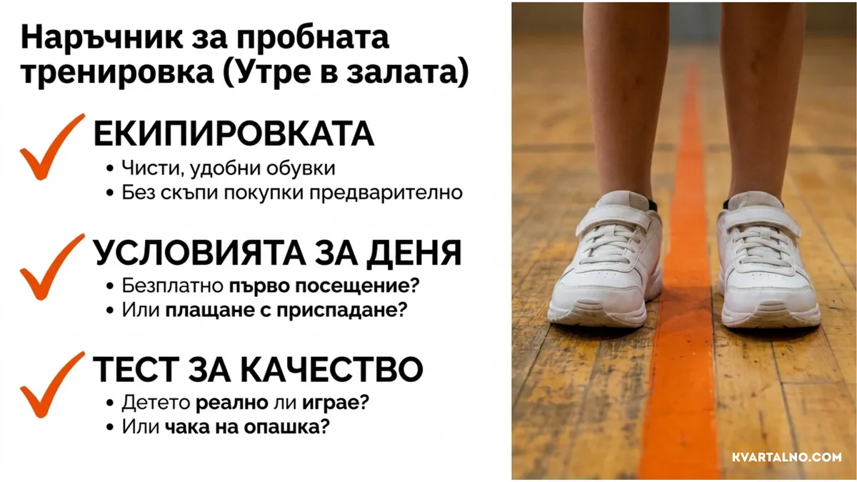Практична проверка на екипировката, условията и участието на детето в пробна баскетболна тренировка