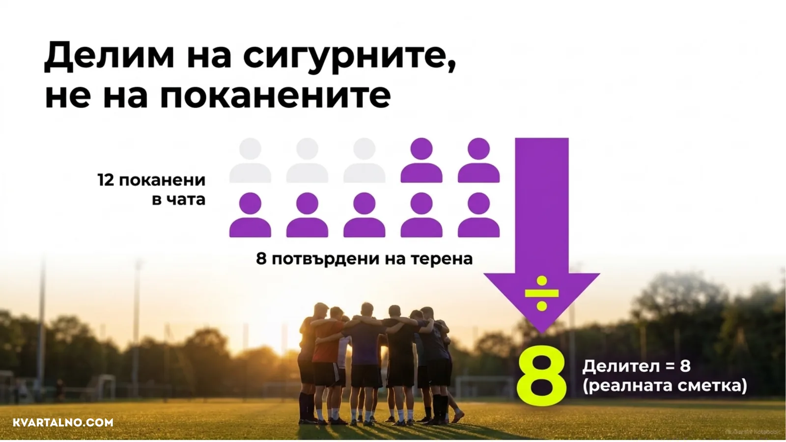 Пример за разделяне на цената между осемте потвърдени участници вместо между всички поканени