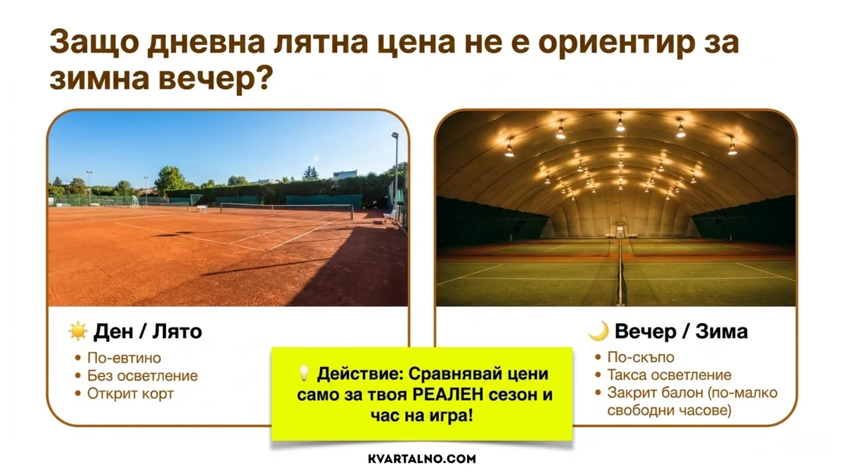 Разлика в цената на тенис корт между дневен летен час и вечерен или зимен час с осветление и закрито съоръжение