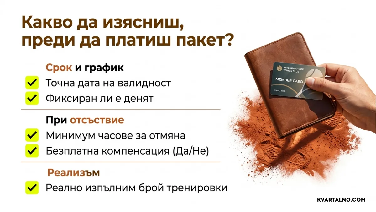 Условия, които трябва да се проверят преди плащане на пакет за уроци по тенис: срок, график, отсъствия и реалистичен брой тренировки