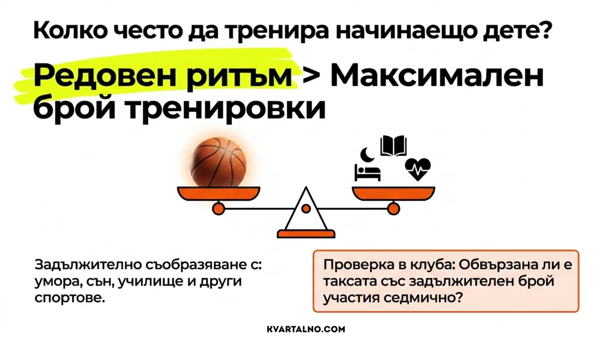 При начинаещо дете редовният тренировъчен ритъм е по-важен от максималния брой тренировки и трябва да се съобрази със съня, училището и възстановяването