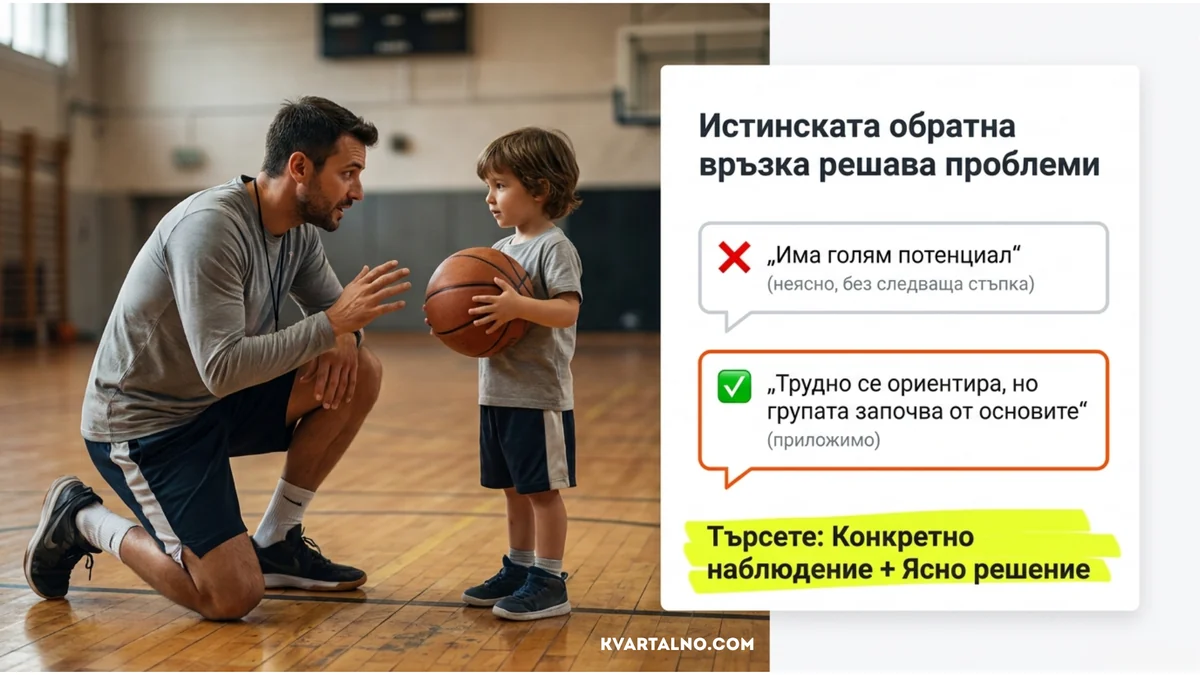 Разлика между обща похвала и конкретна обратна връзка от баскетболния треньор с наблюдение и ясна следваща стъпка