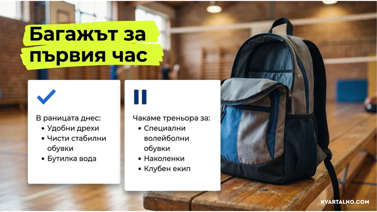Багаж за първа волейболна тренировка на дете с удобни дрехи, чисти стабилни обувки и вода без предварителна покупка на специален екип