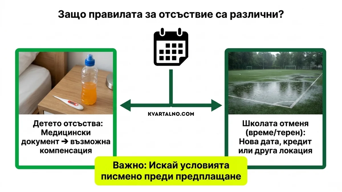 Разлика между отсъствие на детето и отменена от школата футболна тренировка и възможните правила за компенсация