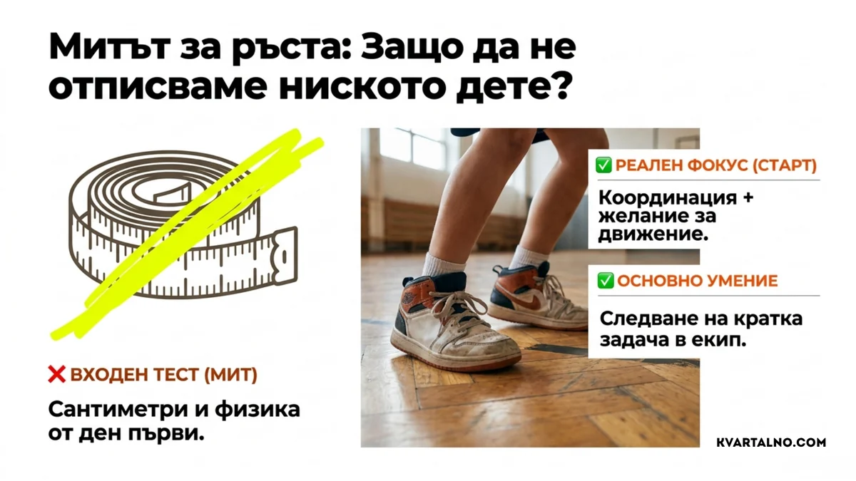 Митът за ръста в детския баскетбол и реалният фокус върху координацията, желанието за движение и следването на кратка задача