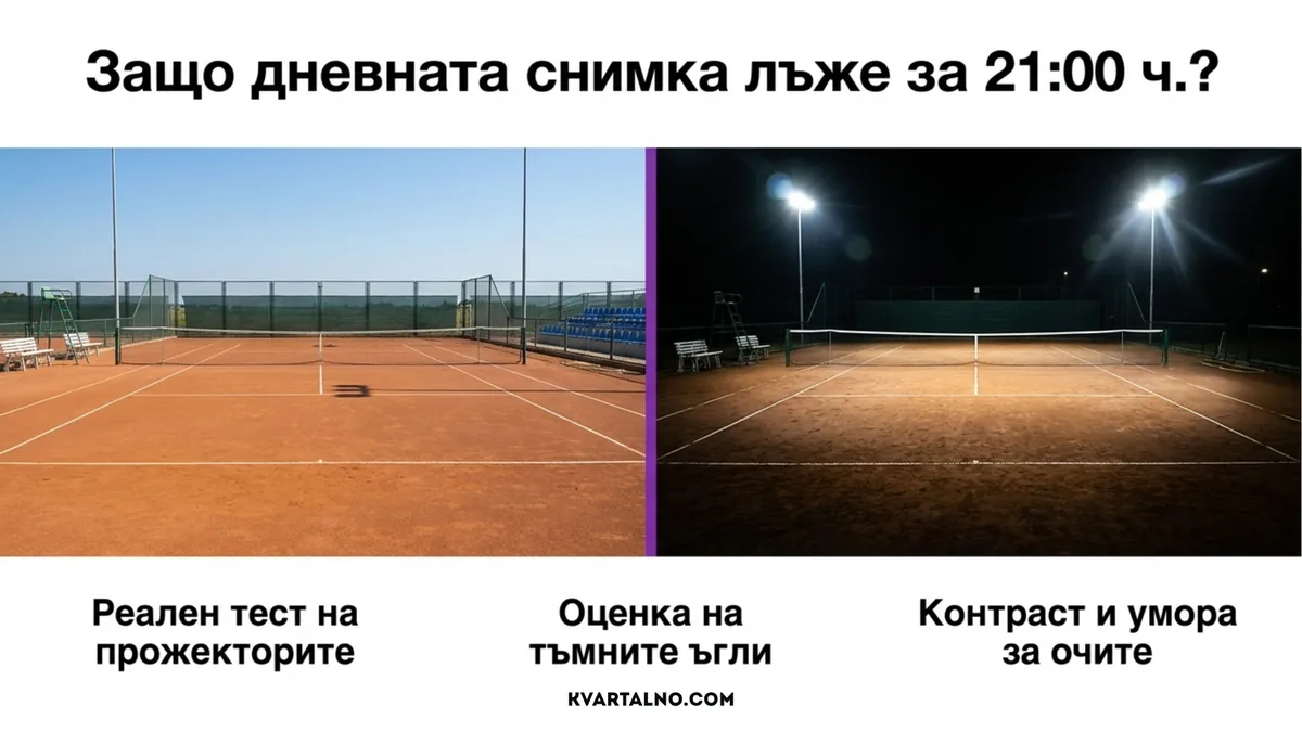 Сравнение на тенис корт през деня и вечер за проверка на прожекторите, тъмните зони и видимостта