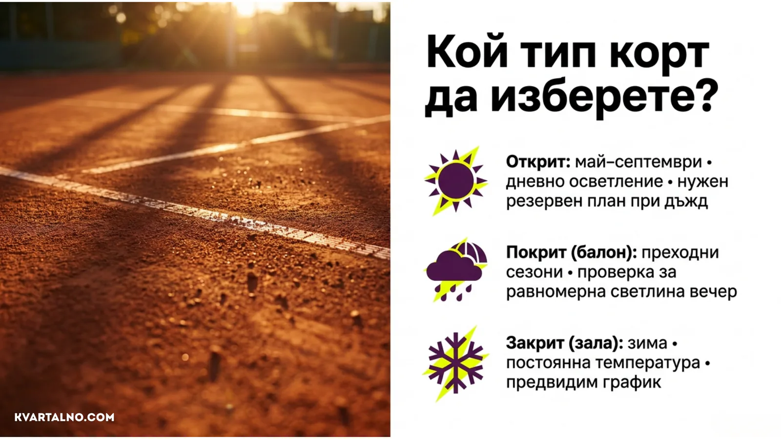 Сравнение между открит, покрит и закрит тенис корт според сезона, времето и графика