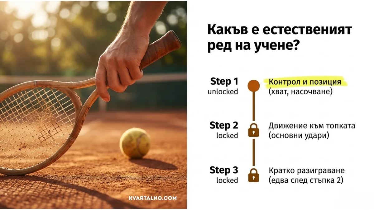 Естественият ред на учене при начинаещ в тениса: контрол и позиция, движение към топката и кратко разиграване