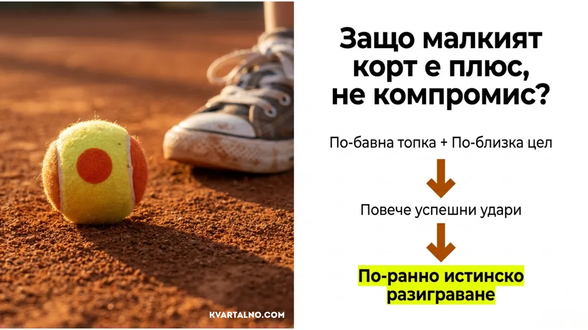 Ползата от адаптиран малък тенис корт и по-бавна топка за повече успешни удари и ранни разигравания при децата