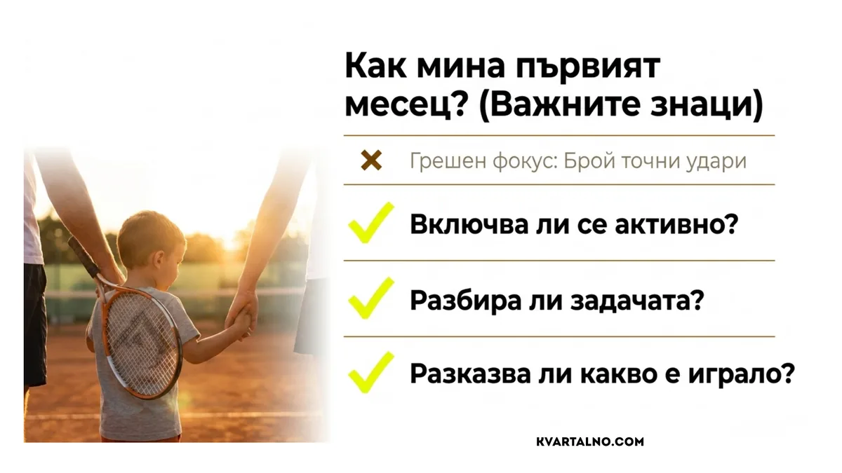 Признаци за успешен първи месец по тенис за дете: активно участие, разбиране на задачата и желание да разказва за заниманието