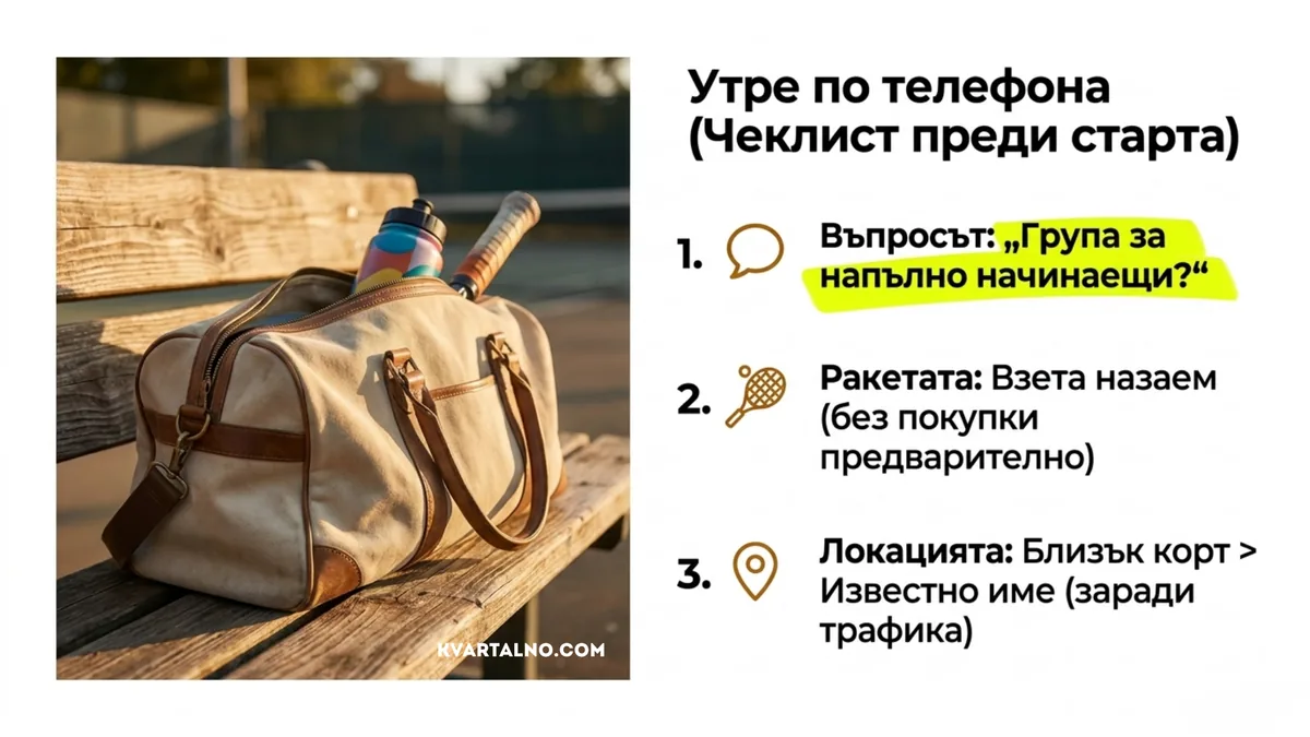 Кратък чеклист преди първи урок по тенис за дете: начинаеща група, предоставена ракета и удобен близък корт