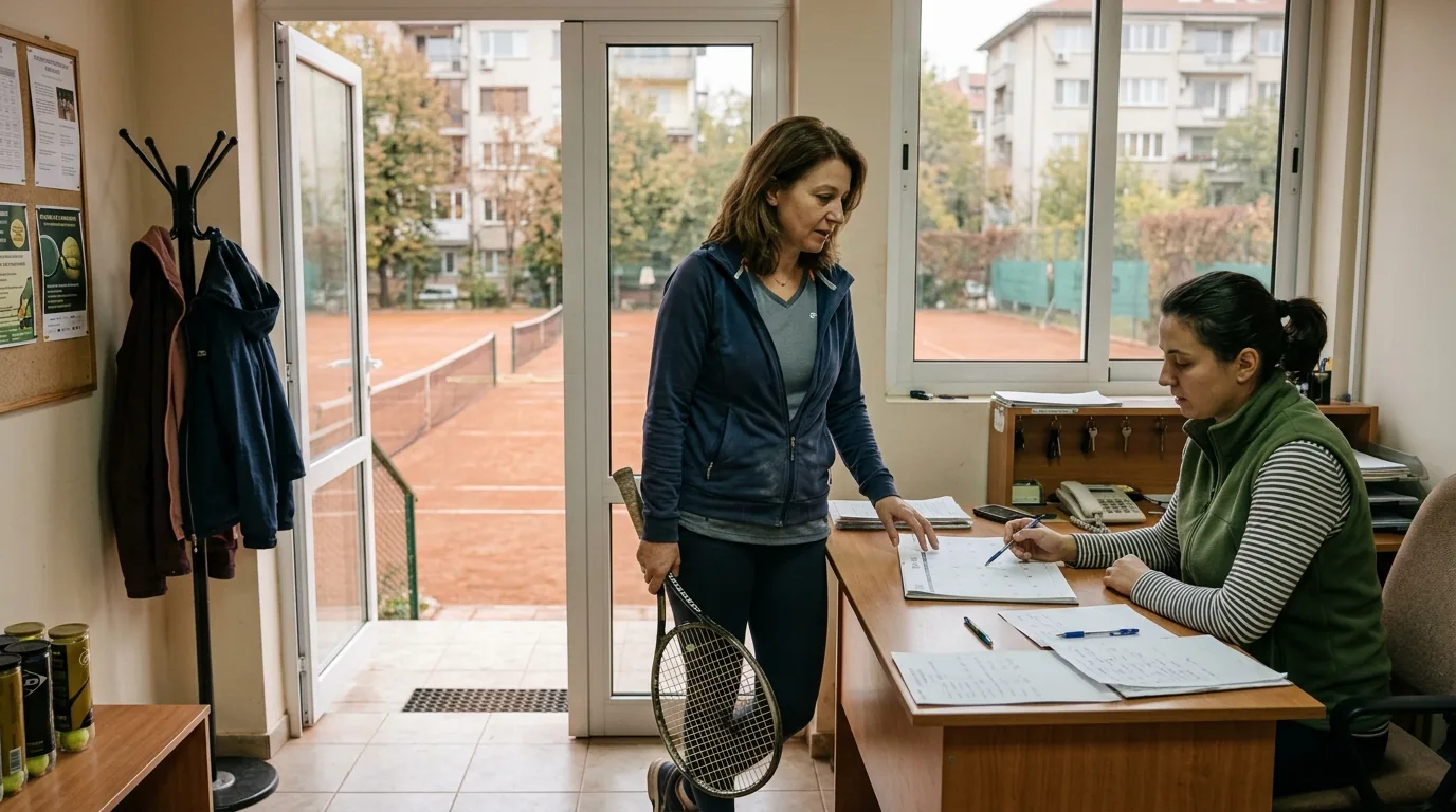 Жена уточнява графика и условията за тенис уроци на рецепцията до открит корт в София