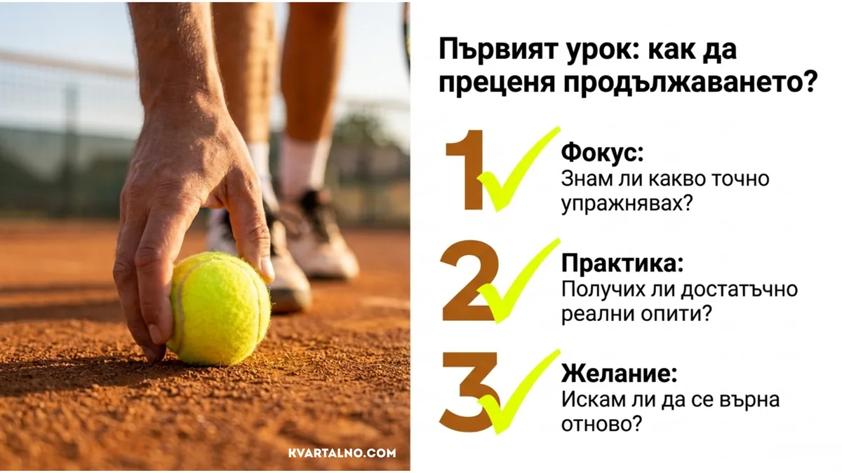 Три въпроса за оценка на първия урок по тенис относно фокуса, практиката и желанието за продължаване