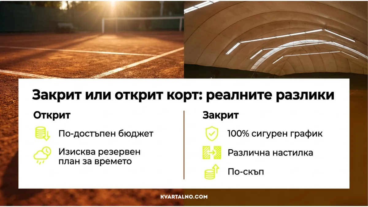 Практически разлики между открит и закрит тенис корт по цена, график, време и настилка