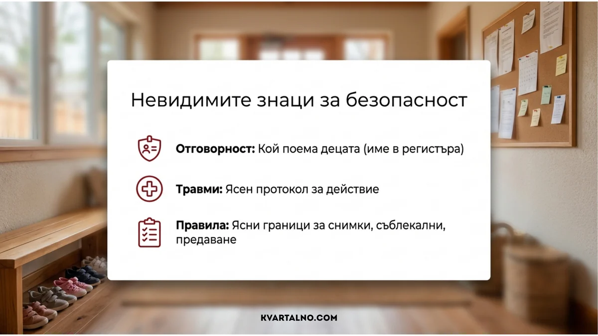 Инфографика за отговорността, действията при травма и правилата за безопасност в детски спортен клуб