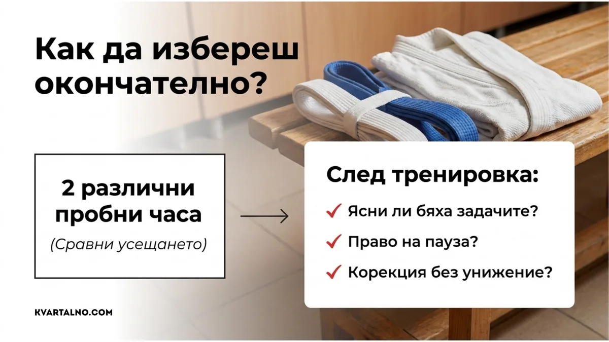Практичен начин за избор на бойно изкуство чрез два различни пробни часа и сравнение на задачите, паузите и корекциите
