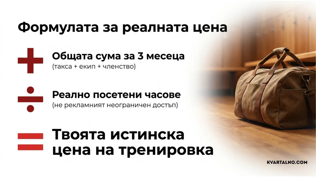Формула за реалната цена на тренировка: общият разход за три месеца се разделя на действително посетените часове