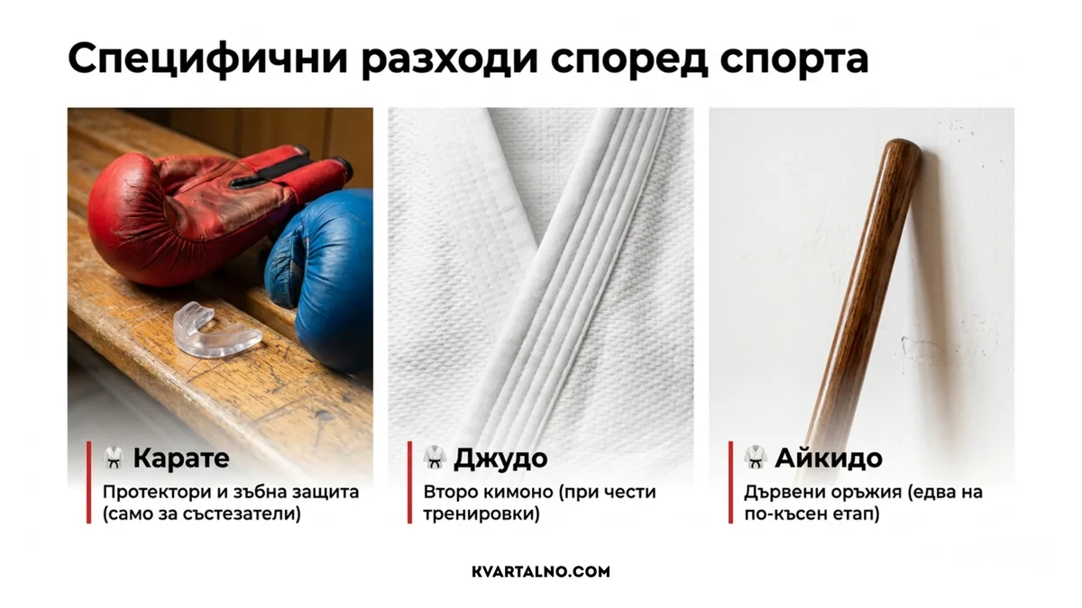 Примери за специфични разходи при карате, джудо и айкидо като протектори, второ кимоно и тренировъчни дървени средства