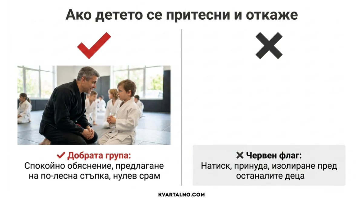 Инфографика как добрата детска група реагира, ако детето се притесни или откаже упражнение