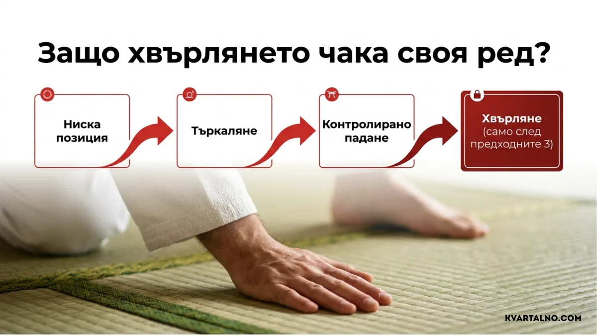 Инфографика за прогресията в джудо от ниска позиция и търкаляне през контролирано падане до хвърляне