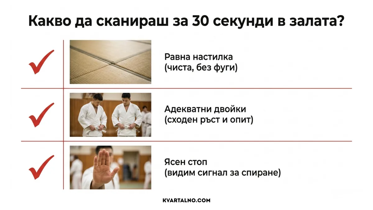 Инфографика за бърза проверка на залата по джудо: равна настилка, подходящи партньори и ясен сигнал за спиране