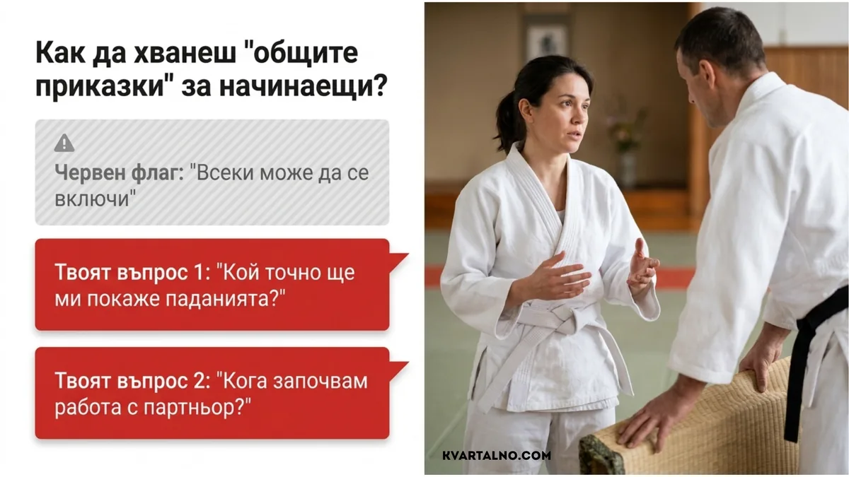 Инфографика с конкретни въпроси за начинаещ по джудо: кой показва паданията и кога започва работата с партньор