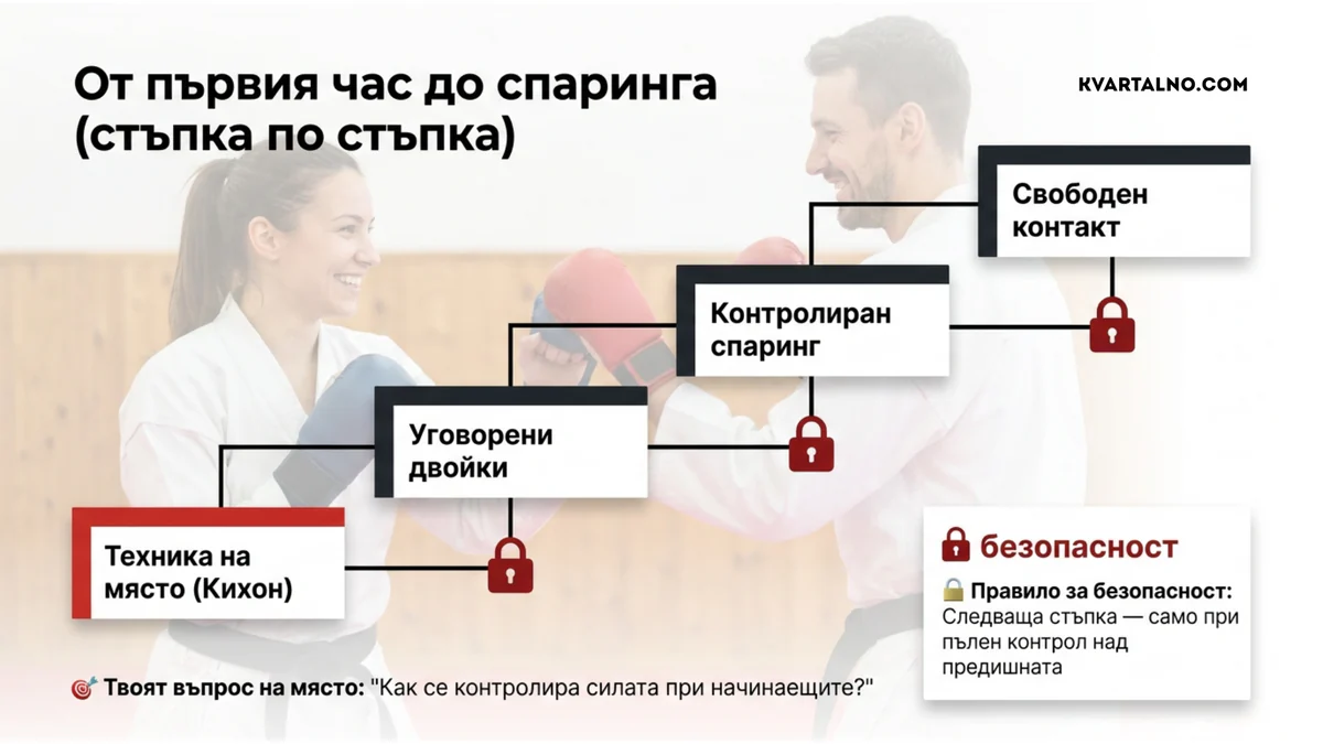 Инфографика за безопасната прогресия от кихон до свободен спаринг в карате