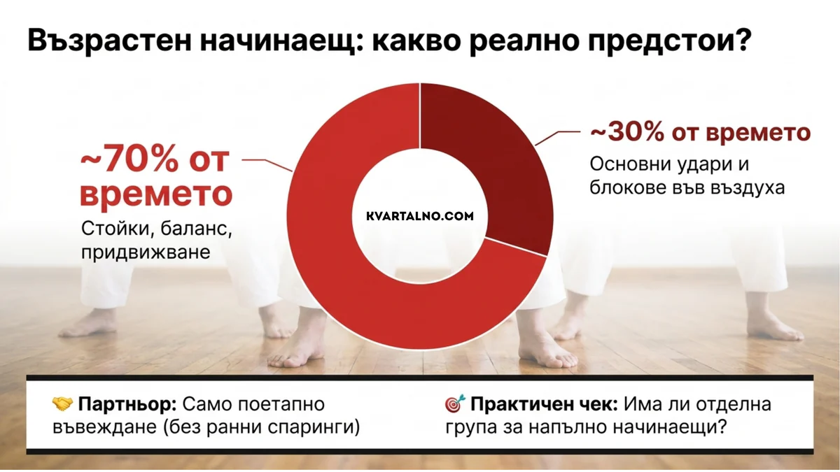 Инфографика как протича началната тренировка по карате за възрастен без опит