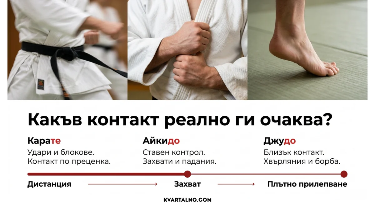 Инфографика за разликите в контакта при карате, айкидо и джудо за деца